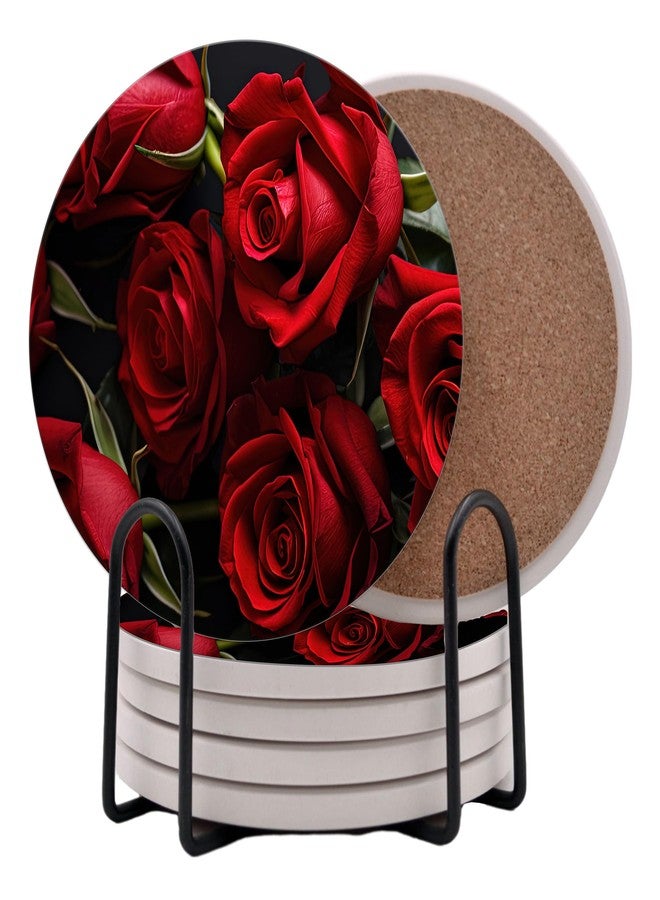 DAJDC Red Roses Rose Round Coasters Set of 6 - Abosrbent Ceramic Coasters with Metal Stand for Drinks, Coffee, Non-Slip Cork Back for Tabletop Protection, 4 Inches (Red 4) - Image 1